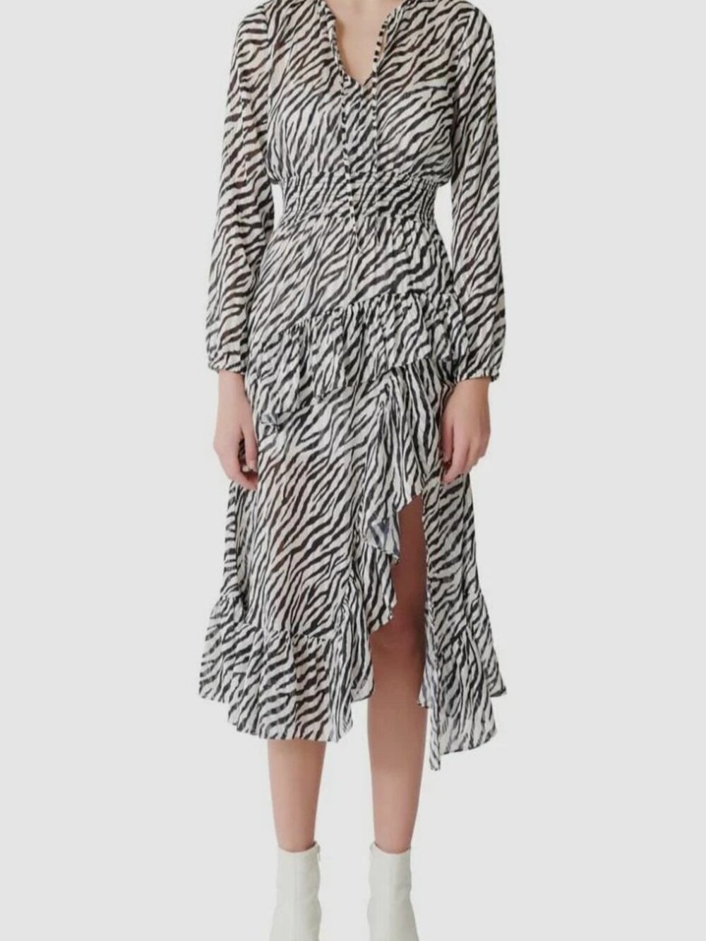 Maje zebra stripes dress with ruffles.